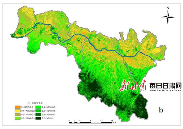 1977年（a）与2020年（b）黄河兰州段植被指数合成图