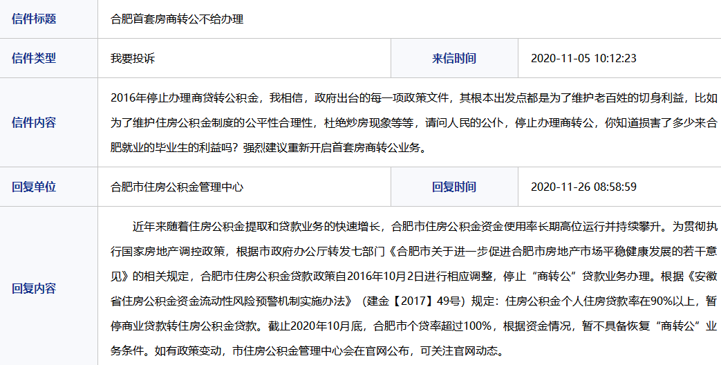 網友建議恢復商轉公合肥市住房公積金管理中心回覆來了