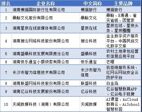 ▲ 图为2020年湖南省互联网最具创新型企业10强名单