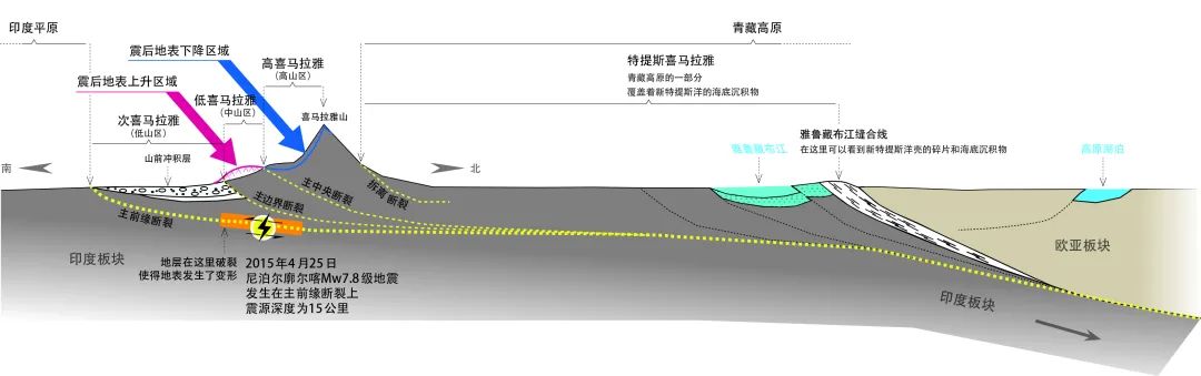 2015年尼泊尔地震喜马拉雅山地区上升或下沉的机制示意图《中国国家地理》2015年08期
