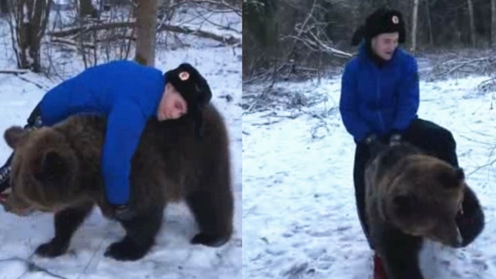 见过骑马你见过骑熊吗？实拍战斗民族男子斗熊 把熊当坐骑