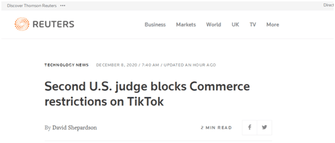 路透社：第二名美国法官阻止美商务部对TikTok实施禁令