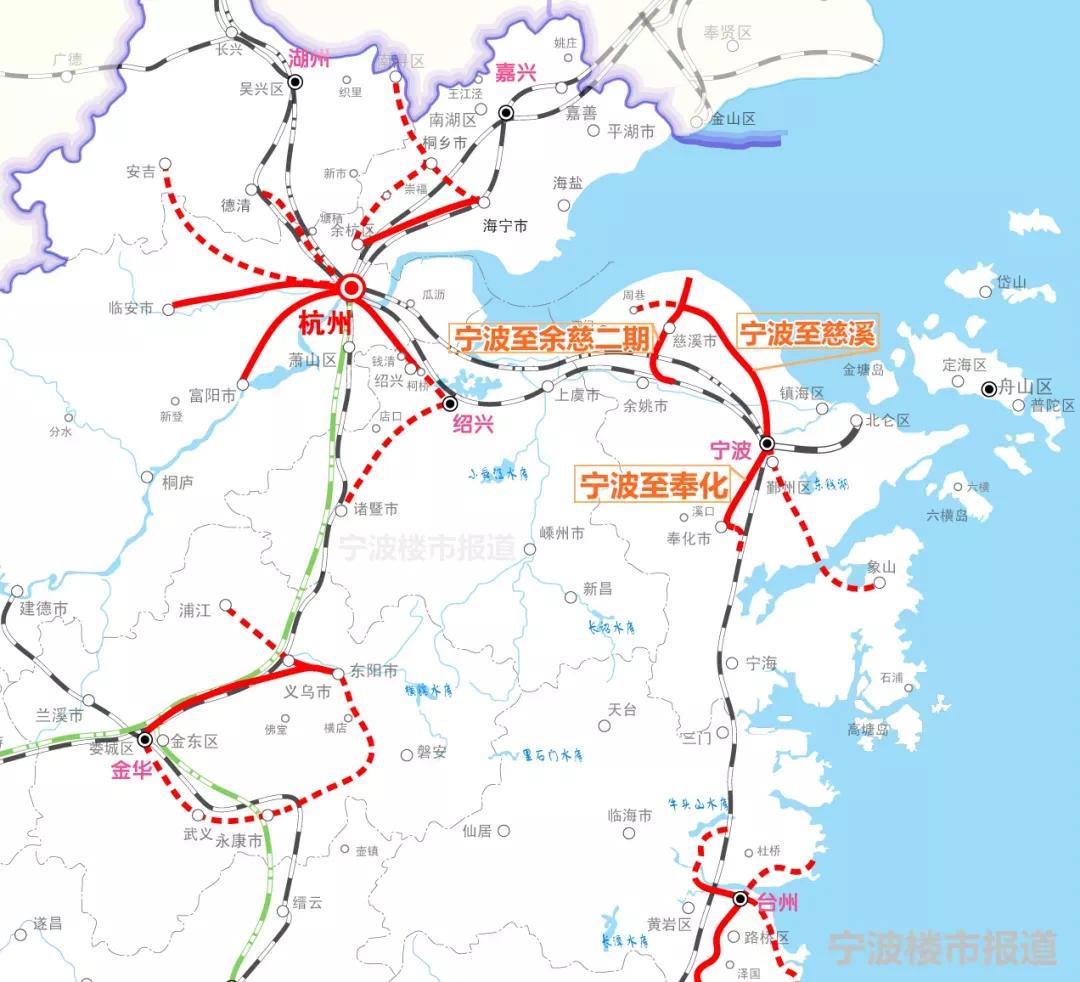 浙江省都市圈城际铁路规划示意图中涉及的宁波3条城铁。