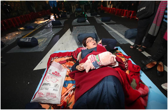“立委”陈玉珍抱着有美国标志的莱猪准备入睡。图自台湾中时新闻网