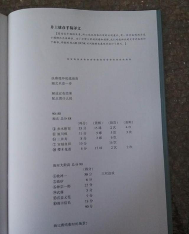 井上手稿中湘北VS海南的技术统计