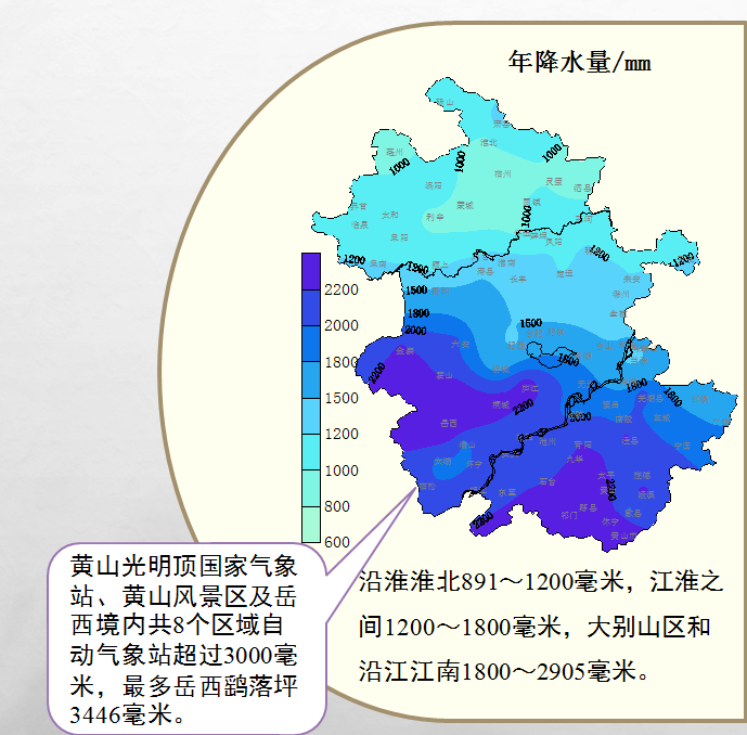 空間分佈為:沿淮淮北891～1200毫米,江淮之間1200～1800毫米,大別山區