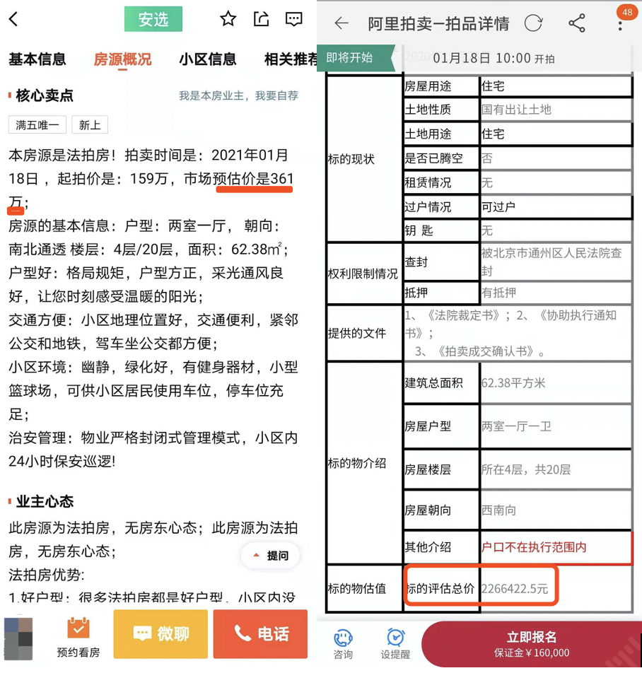 58认证法拍房与阿里法拍房对比