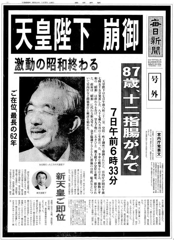 《每日新闻》关于昭和天皇去世及平成天皇即位的号外