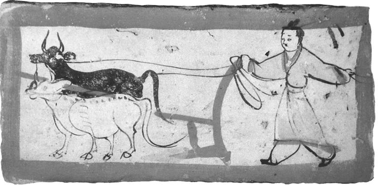 高台骆驼城出土的“牛耕图”壁画砖