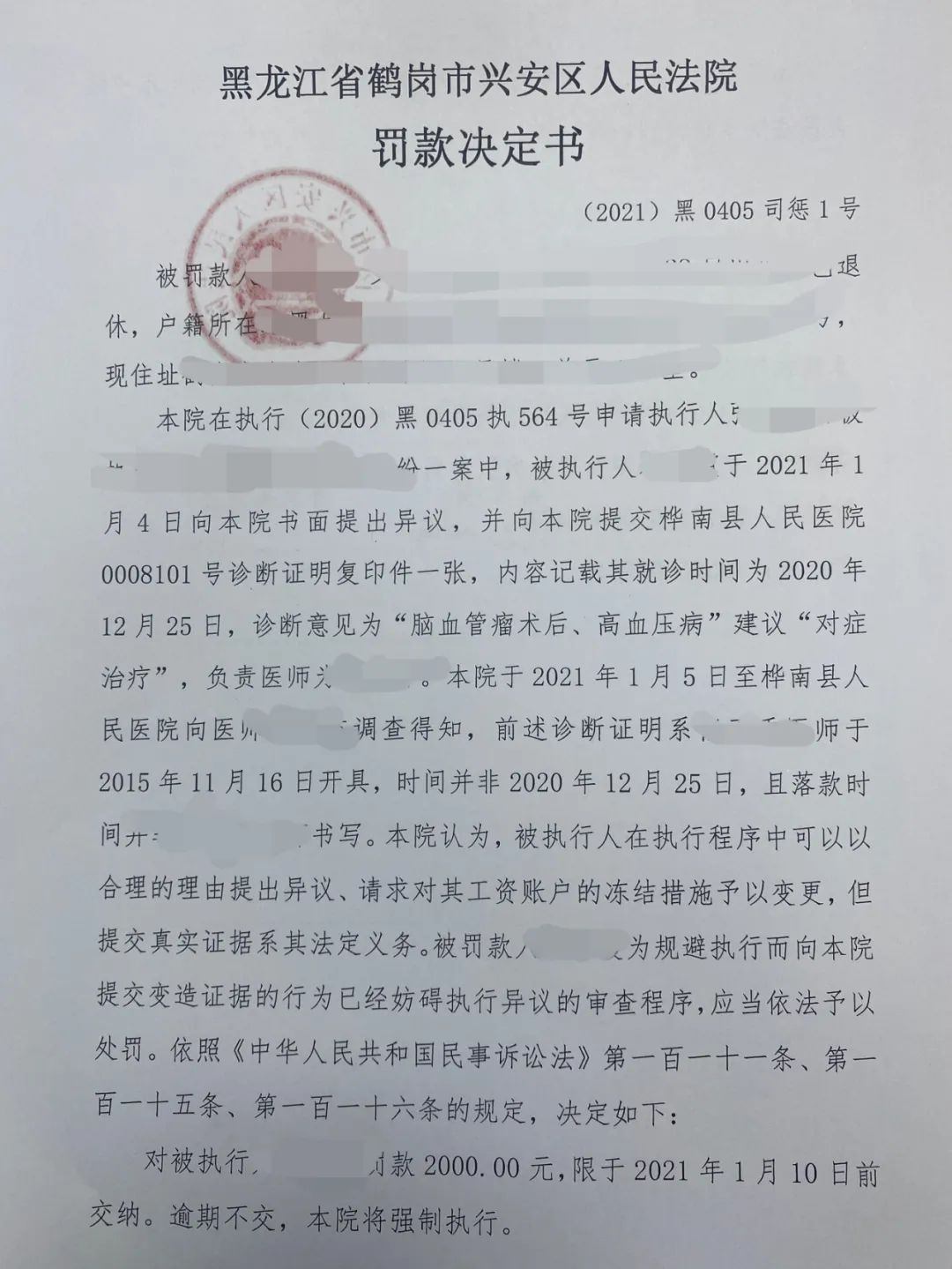 国民事诉讼法》第一百一十一条的处罚情形,法院依法作出罚款决定书,对