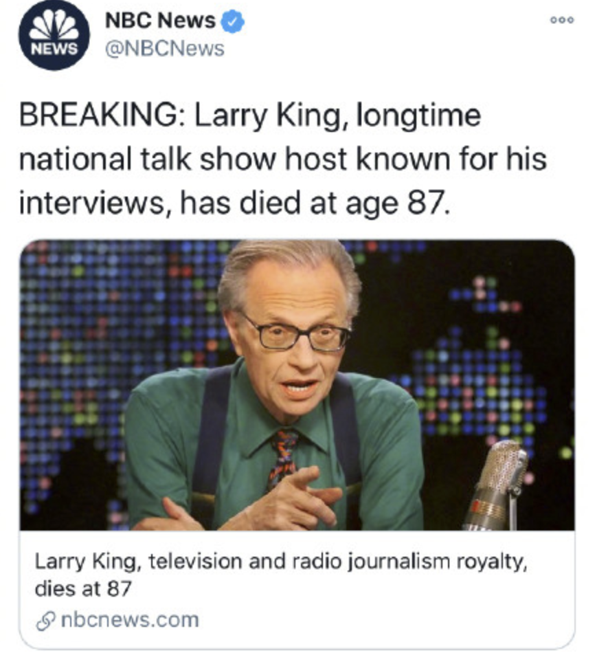 美国传奇主持人拉里·金去世，享年87岁