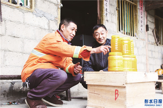 太原镇高桥村贫困户张祖强（左）经过中蜂培训成为一名养蜂人。