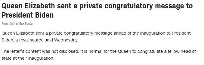 （CNN：英国女王向拜登总统发私人贺电）