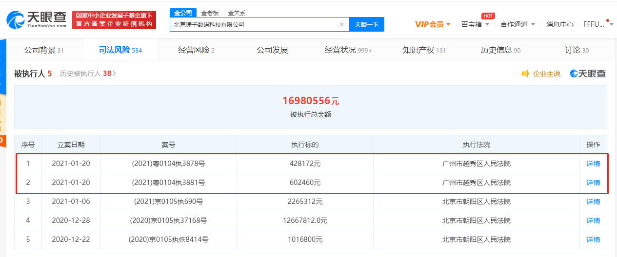锤子科技再成被执行人 累计执行标的已超1698万