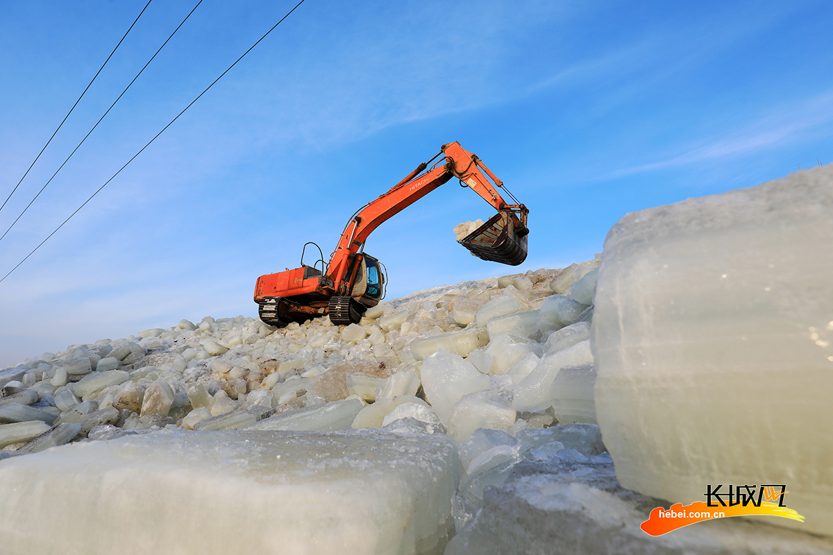 滦南县柏各庄镇农民使用挖掘机堆垛冰块。张永新 摄