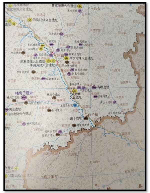 《中国文物地图集·甘肃分册》标绘的环县南部文物遗址分布(图中蓝色