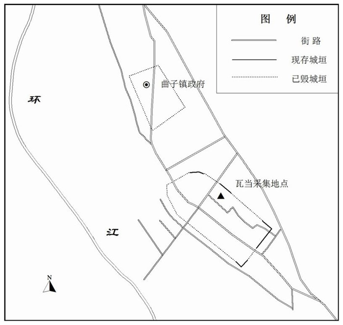 曲子镇残存古城遗迹及瓦当发现地点示意图（北城为明代古城，南城为汉代古城）