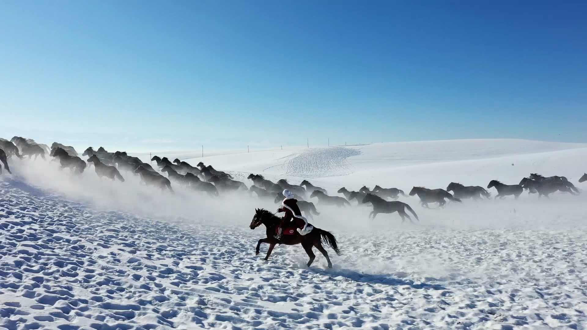 贺娇龙在拍摄雪地策马的视频。受访者供图