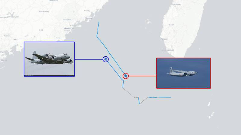 “飞机守望”（Aircraft Spots）推特1月26日称，一架美国海军EP-3E“白羊座”电子侦察机与一架解放军运-8G“高新三号”远程电子干扰机上午同时现身台湾西南空域。图自“飞机守望”（Aircraft Spots）推特