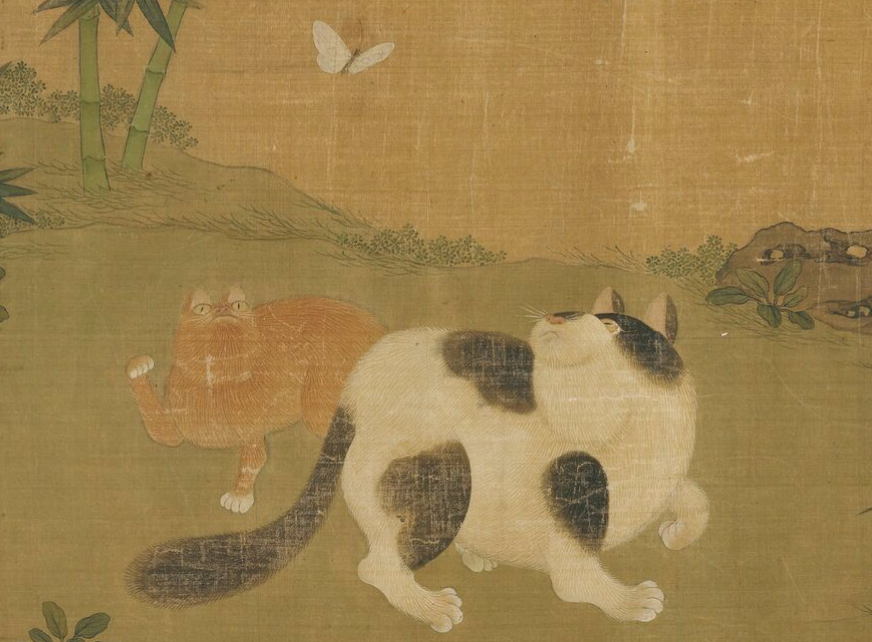 ▲南宋 梁楷 狸奴闲趣图卷。宋代画猫图中经常出现猫与蝴蝶同在的现象，因为古人取“猫”为“耄”，“蝶”为“耋”，“猫蝶”即为“耋耄”之意，取其长寿含义。