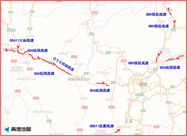 拥堵空间分布:集中分布在滇西方向的昆安,安楚,楚大高速的部分路段上