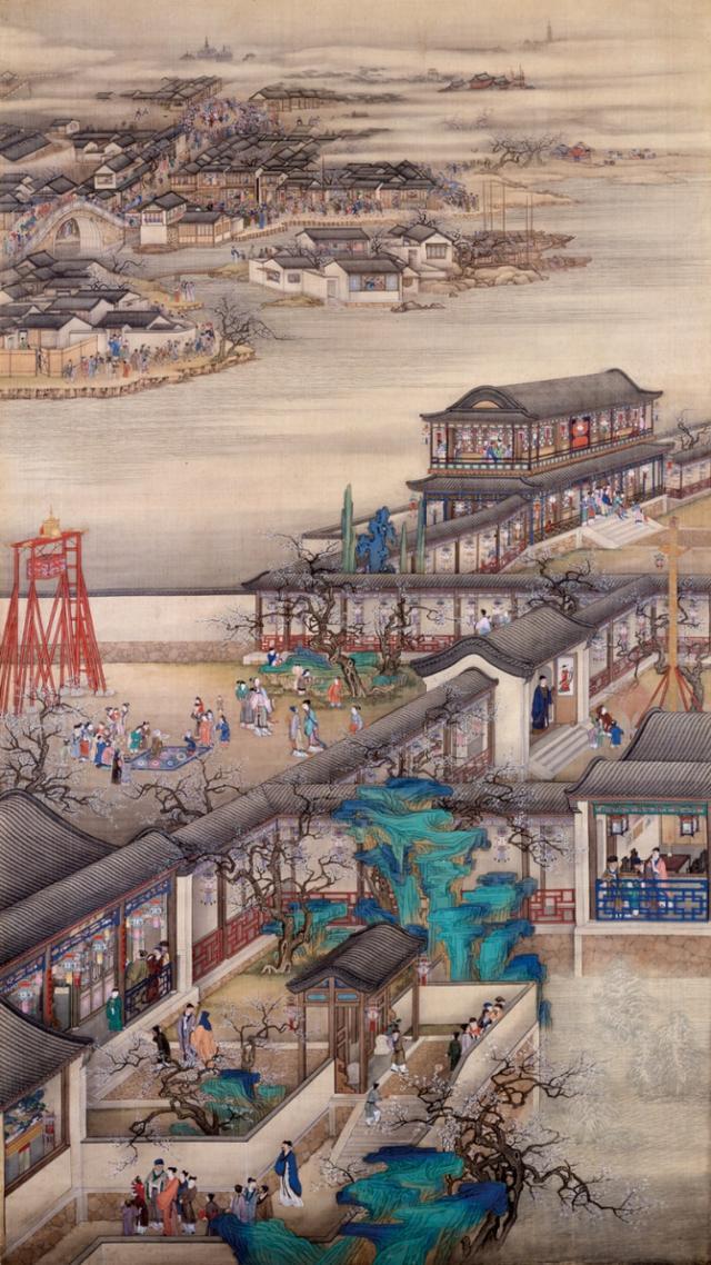 清代宫廷画师所绘《雍正十二月令图》之《正月观灯》,画面上半部分有许多人聚集在桥上,这是元宵“走百病”的风俗。