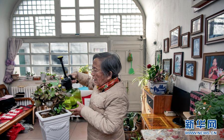 路生梅在佳县家里为栽培的花木浇水（1月16日摄）。新华社记者 陶明 摄