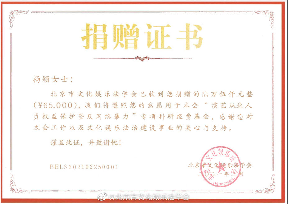 杨颖捐赠证书