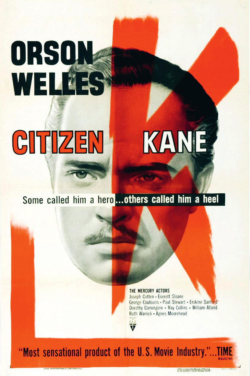 1956年电影重新上映时的海报比1941年电影公司的宣传活动要深刻得多。在这里，凯恩不是巨人，他的遗产来源复杂，就像他脸上的K。