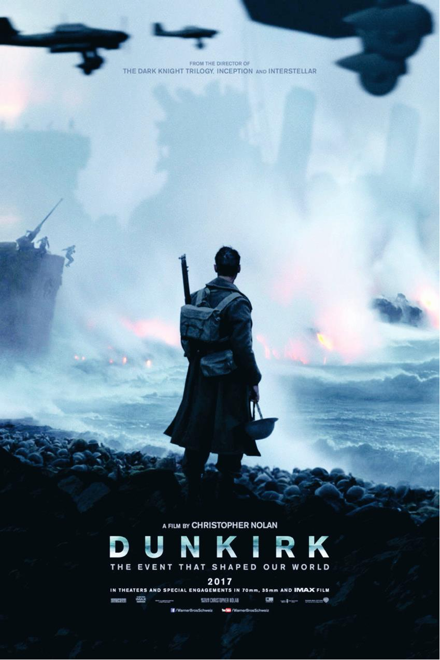 《敦刻尔克》（2017）与《盗梦空间》海报类似，背景是关键，孤独的背影让人想起史蒂文·斯皮尔伯格电影的海报。
