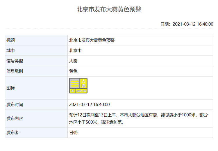 北京发布大雾黄色预警