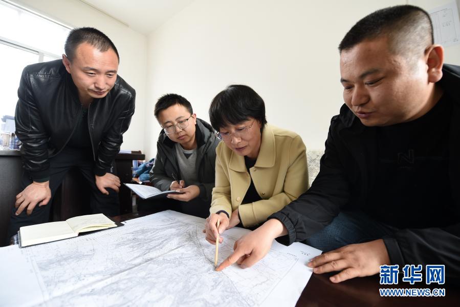 3月11日，在平凉市崆峒区林业技术工作站，张文玉（右二）和同事查看植树造林区域地形图。新华社记者 范培珅 摄