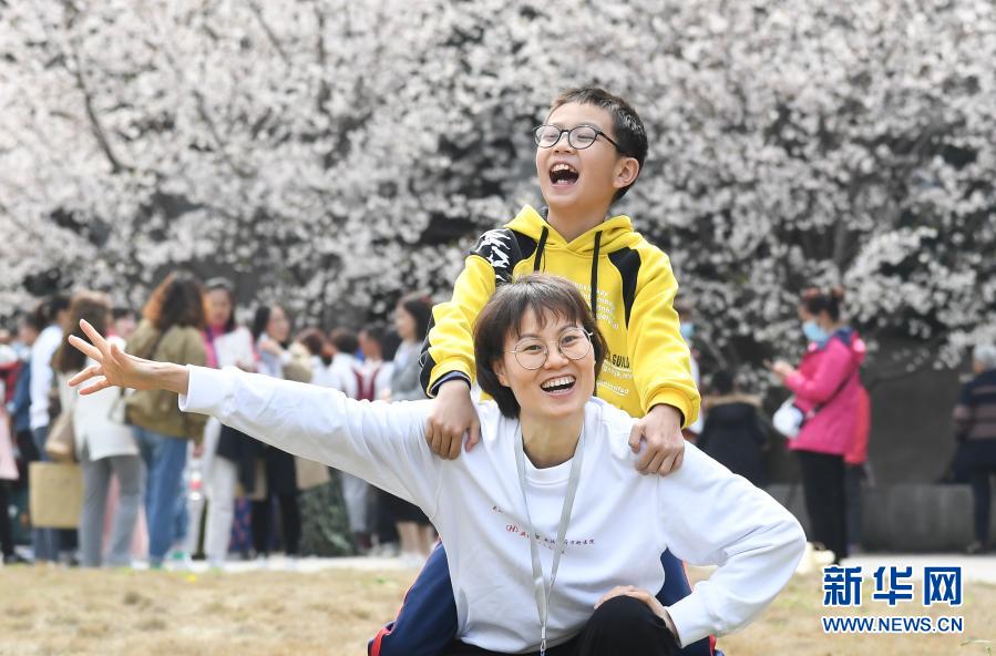 3月13日，广东援鄂医疗队成员梁仕凤带着孩子来到武汉大学赏樱游玩。新华社记者 程敏 摄