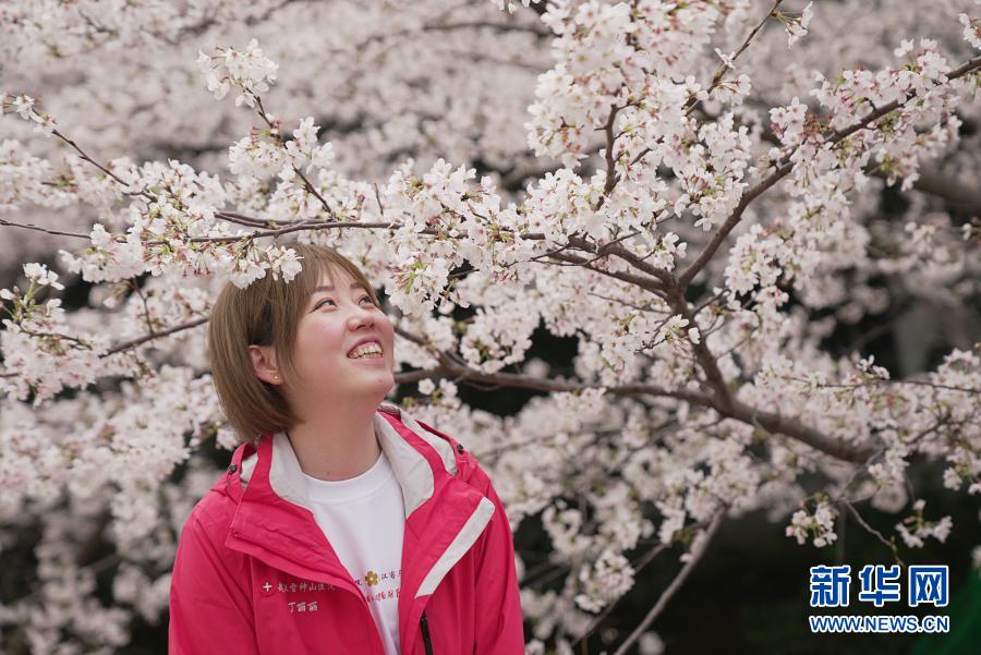 3月13日，武汉雷神山医院医护人员在樱花树下赏花。新华社记者 熊琦 摄