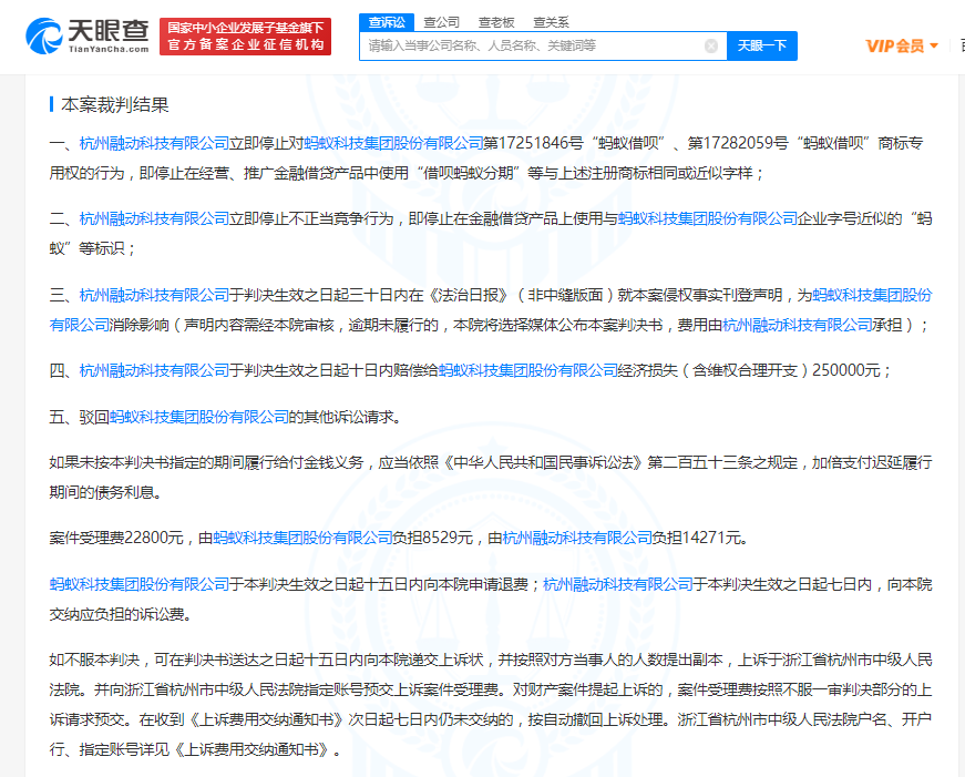 蚂蚁科技集团起诉“借呗蚂蚁分期”APP侵权 获赔25万