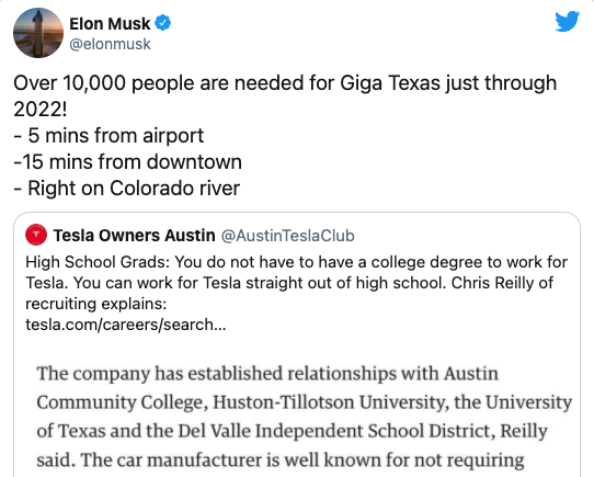 马斯克 特斯拉奥斯汀工厂将招募1万人是此前的两倍 天天新闻 甜甜新闻