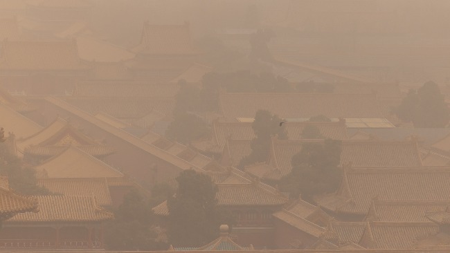 现场：大风沙尘齐袭北京 风声呼啸天空昏黄一片