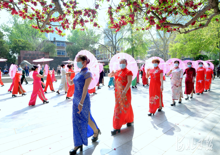 2021年4月7日，在河北省石家庄市平安公园内，平安公园雪绒花模特队在进行集体队形表演。河北日报记者杜柏桦摄影报道