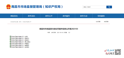 南昌市市场监管行政处罚案件信息公开表