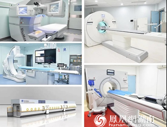 湘西北首台数字化PET-CT（右上）、超高端螺旋CT（右下）、全飞秒激光手术系统（左上）、全能型大平板血管造影系统（左中）、高端氧舱（左下）