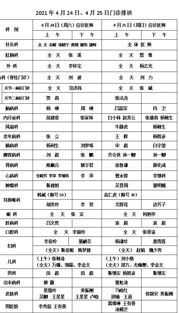 西安市中医医院周末（4月24日-25日）门诊安排