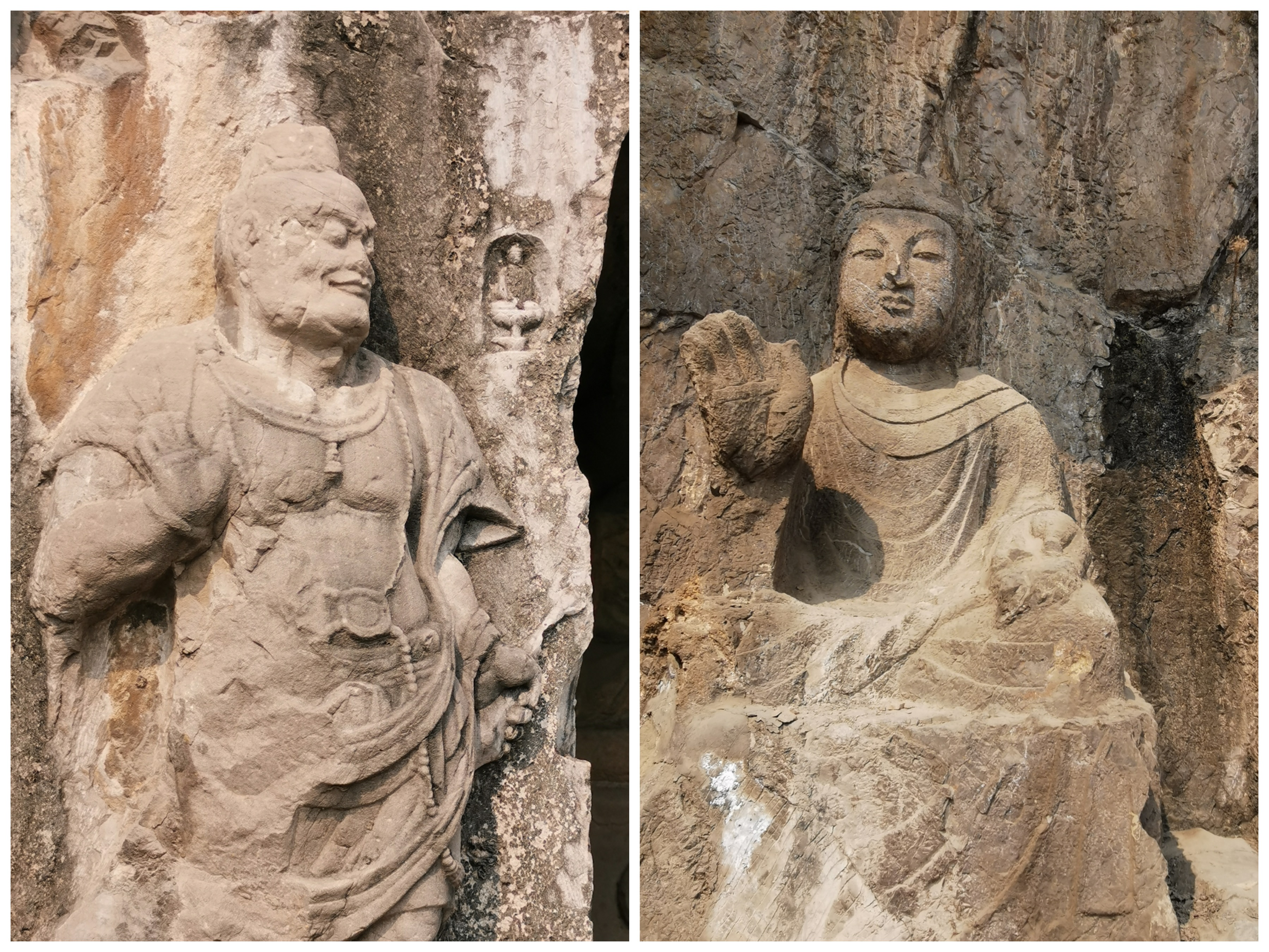 龙门石窟里的佛像(右)和力士像(左)
