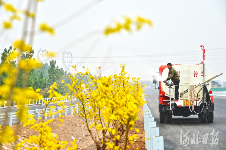 2021年4月21日,工人正在为京德高速公路绿化带新栽的植物浇水。 河北日报记者赵海江摄