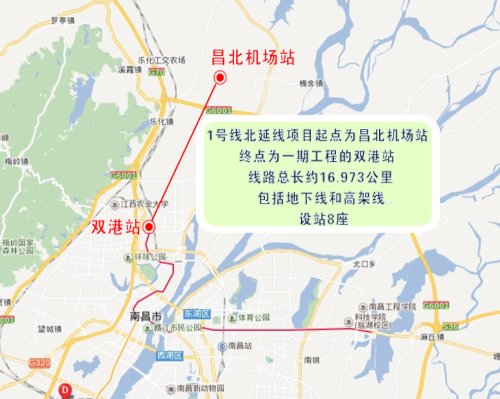 南昌地鐵1號線將北延至南昌昌北國際機場,2號線將東延至南昌東站