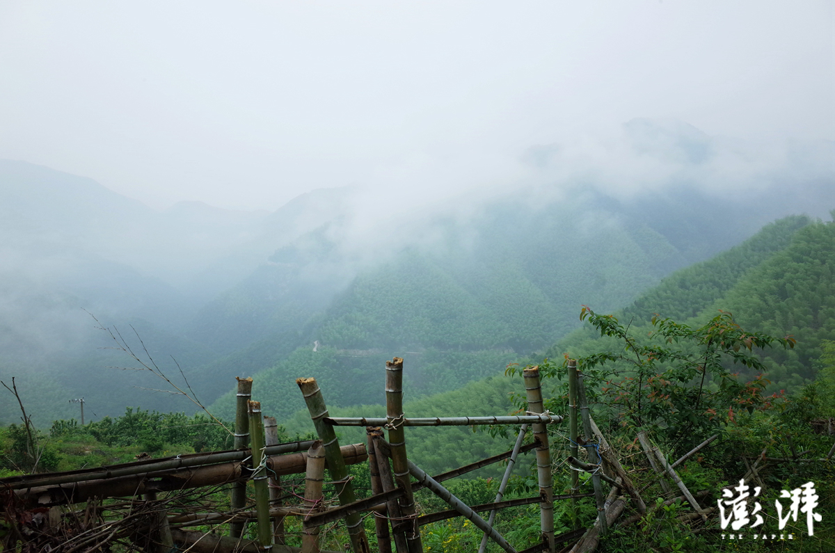 清晨的村外，山头被雾气笼罩，有些驴友称逐步村为“云中的天空之城”（摄于2015年5月）