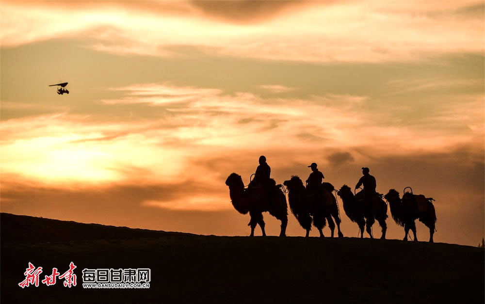 5月6日，游客骑骆驼在夕阳下畅游鸣沙山，欣赏大漠风光，体验丝路风情。