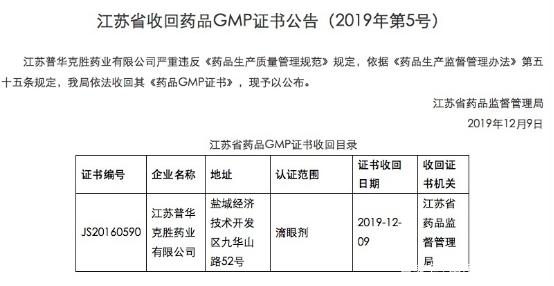 吉药控股下属公司受行政处罚 滴眼剂GMP证书被收回