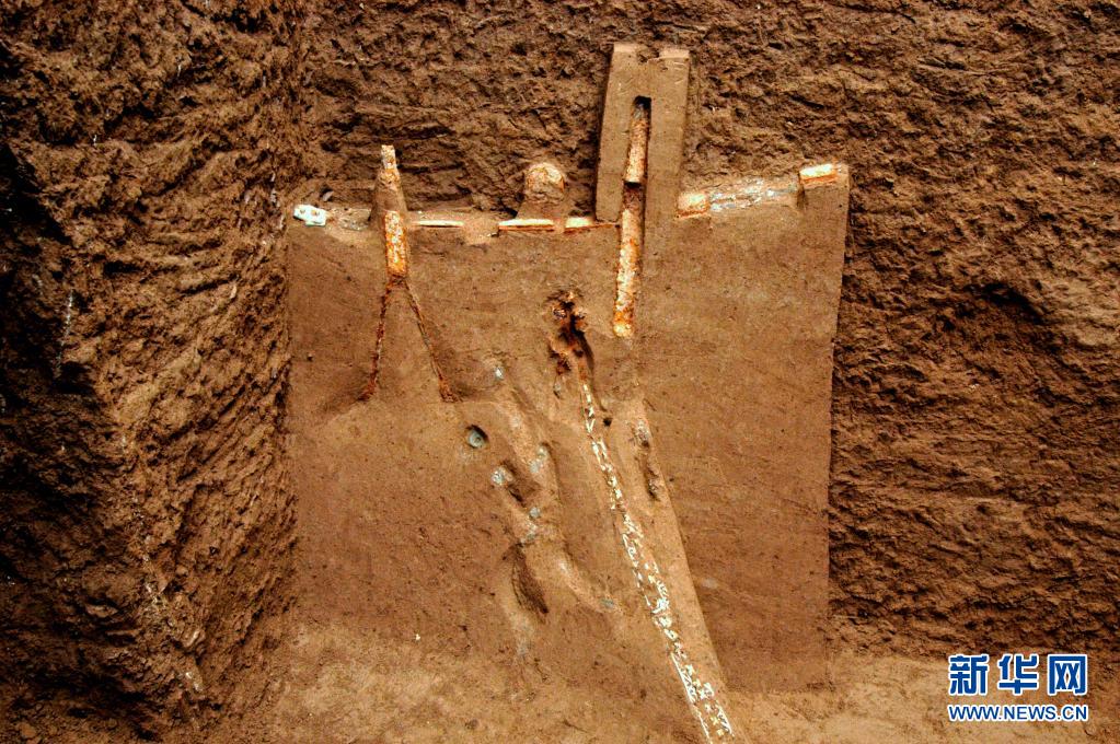 这是2007年拍摄的马家塬西戎墓葬的一辆战国马车车衡、轭、辀出土情况 新华社发（甘肃省文物考古研究所供图）