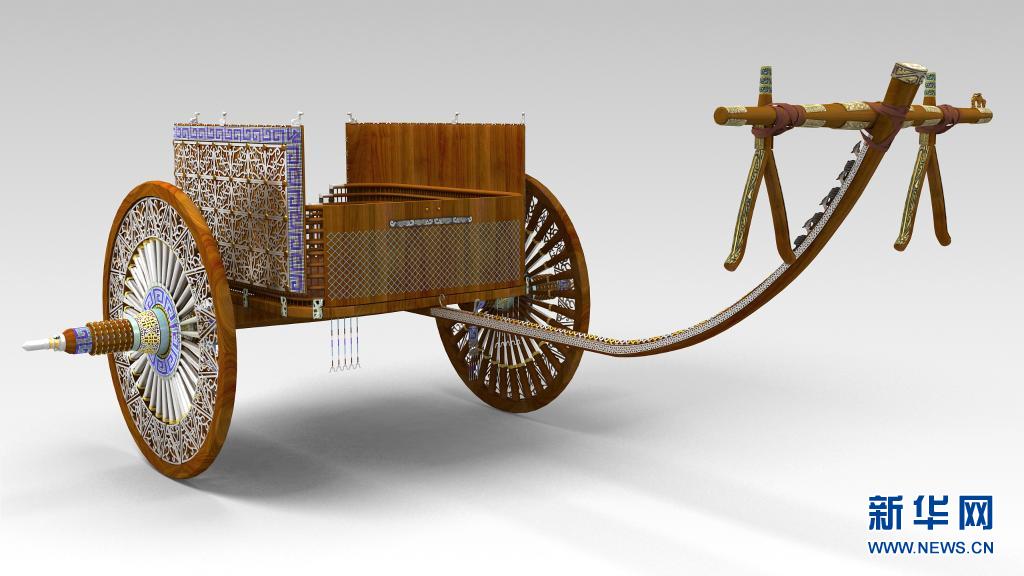 这是马家塬西戎墓葬出土的一辆战国马车的复原效果图。新华社发（甘肃省文物考古研究所供图）