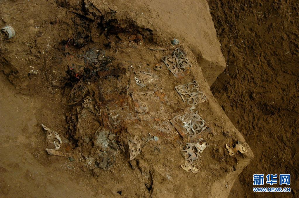 这是2008年拍摄的出土于马家塬西戎墓葬的一辆战国马车车舆侧板 新华社发（甘肃省文物考古研究所供图）